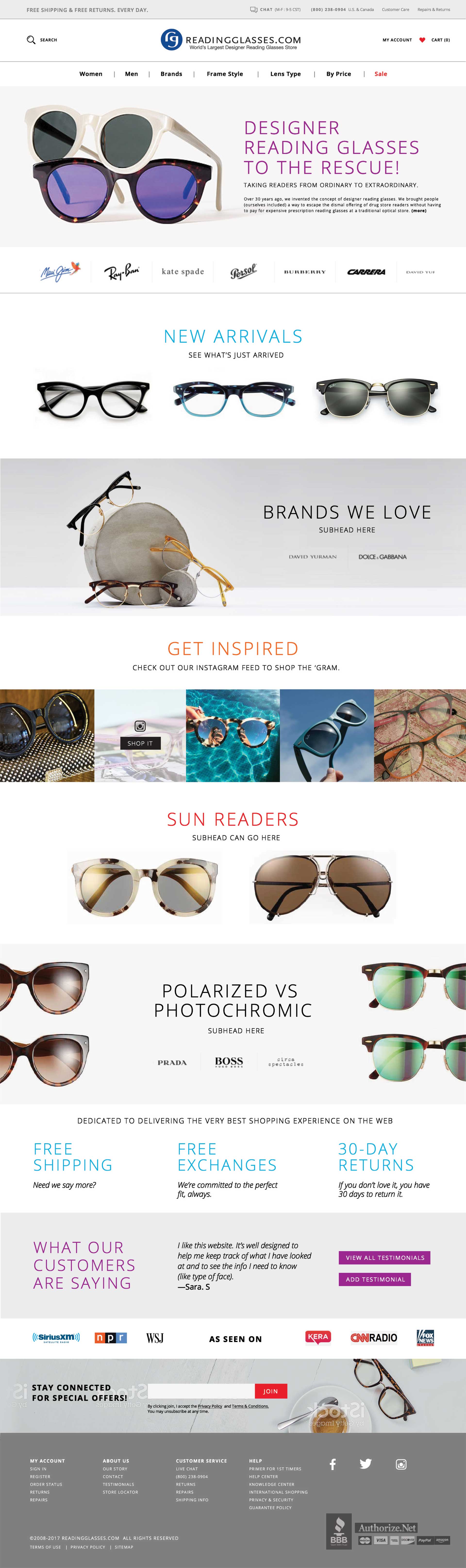 ReadingGlasses.com homepage in 2017 showing a more editorial redesign with stronger campaign imagery and cleaner structure.